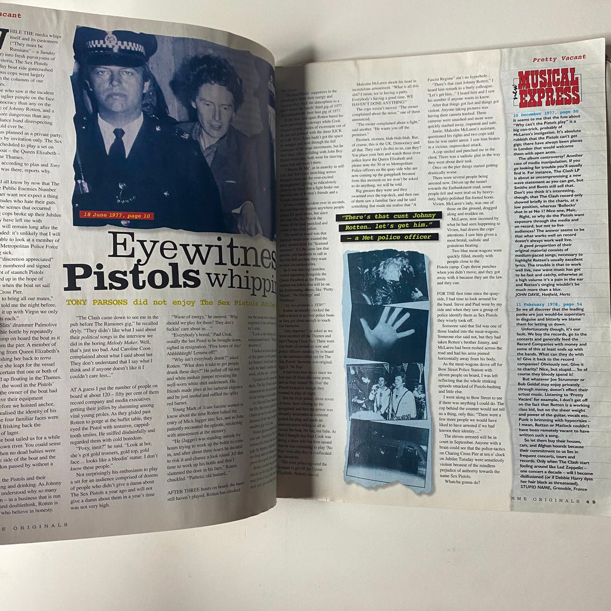 Interior pages of Uncut Magazine Presents NME Originals Vol 1 Issue 2 highlighting an article about the Sex Pistols and the punk scene.