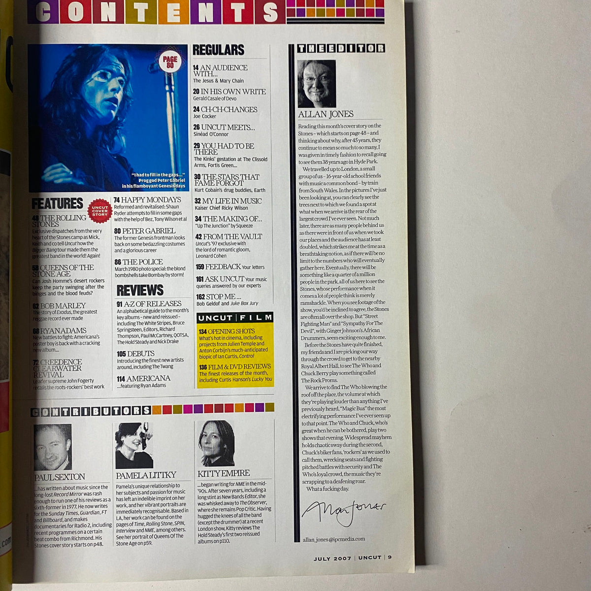 Contents page of Uncut Magazine July 2007, listing features and regulars, including exclusive interviews and album reviews.