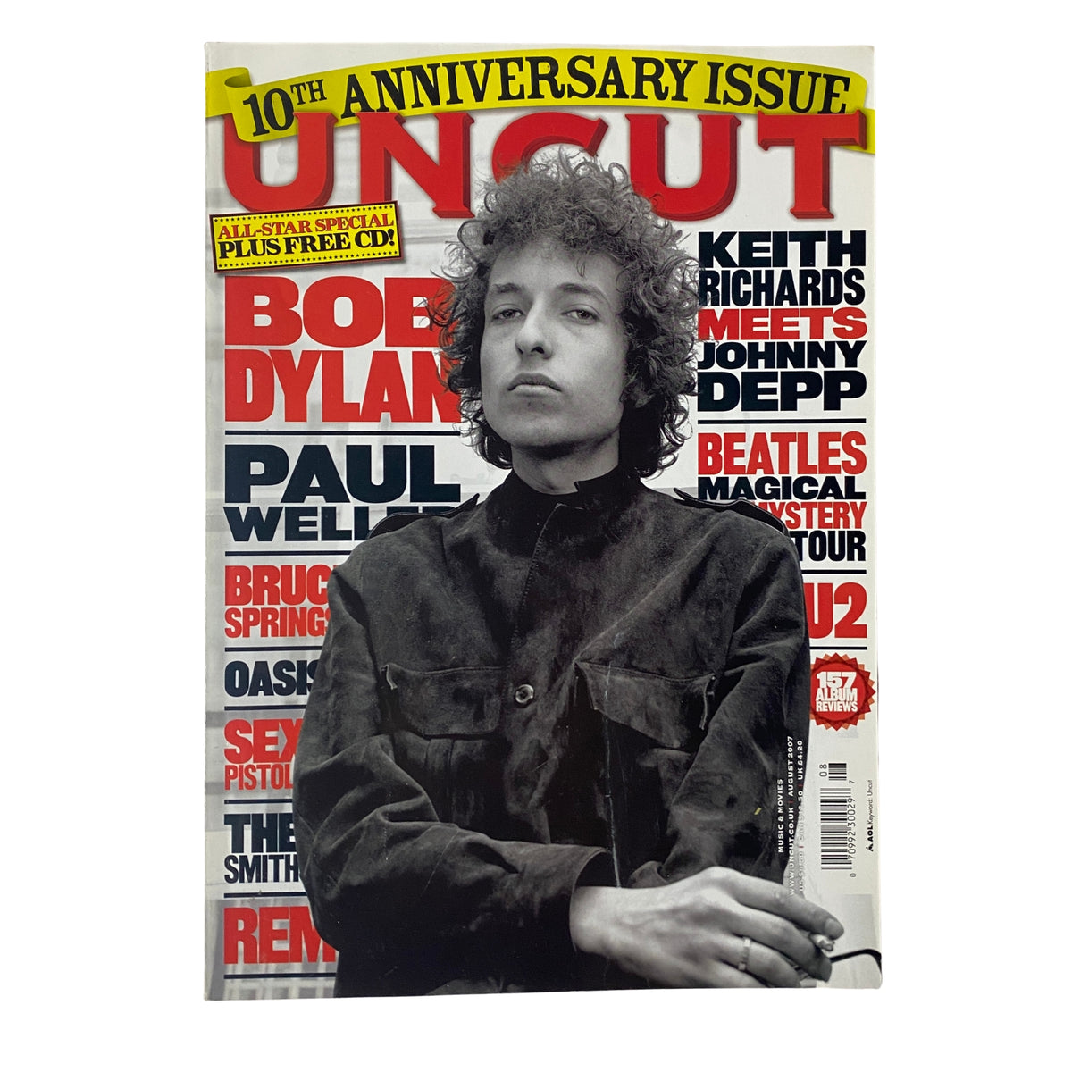 Cover of Uncut Magazine August 2007 featuring Bruce Springsteen and Bob Dylan. Celebrates the 10th anniversary of the magazine with highlights on famous musicians.