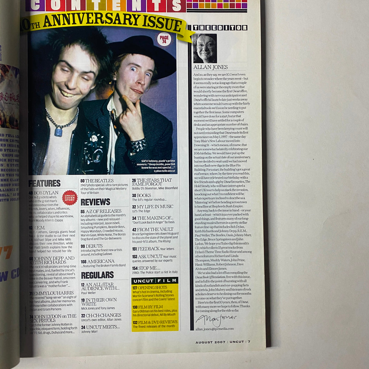 Contents page of Uncut Magazine August 2007, showcasing features, reviews, and regular sections. Highlights include Bob Dylan and others in the special 10th anniversary issue.