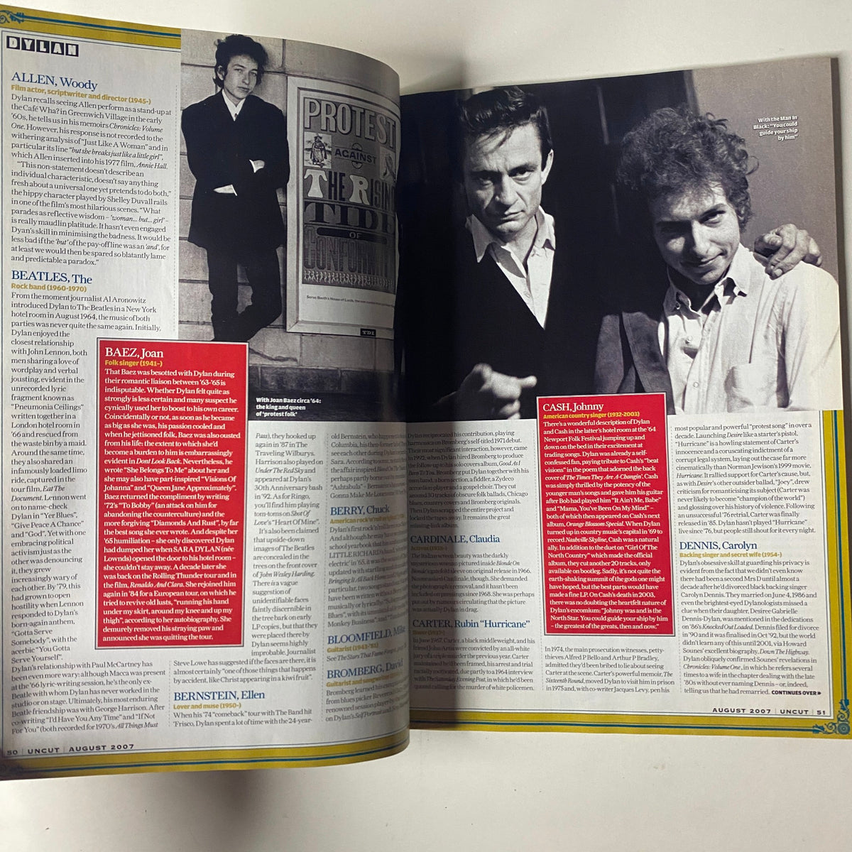 Pages from Uncut Magazine August 2007 showcasing notable figures like Joan Baez and Charlie Daniels. Part of the retrospective content for the 10th anniversary issue.