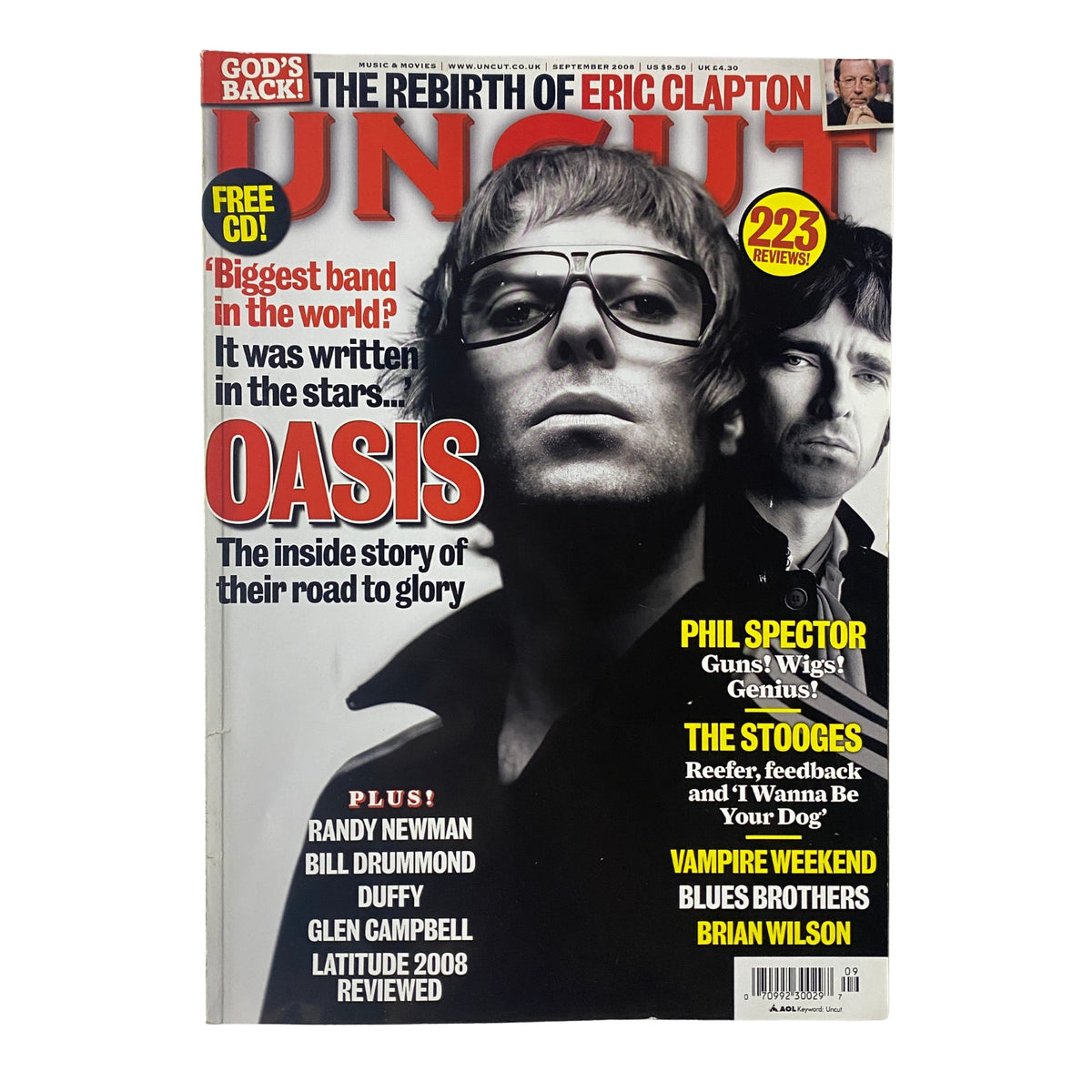 Cover of Uncut UK Magazine September 2008 featuring Oasis. Highlights include an article on Eric Clapton and Phil Spector, as well as a free CD claim. Published by Original Magazines.
