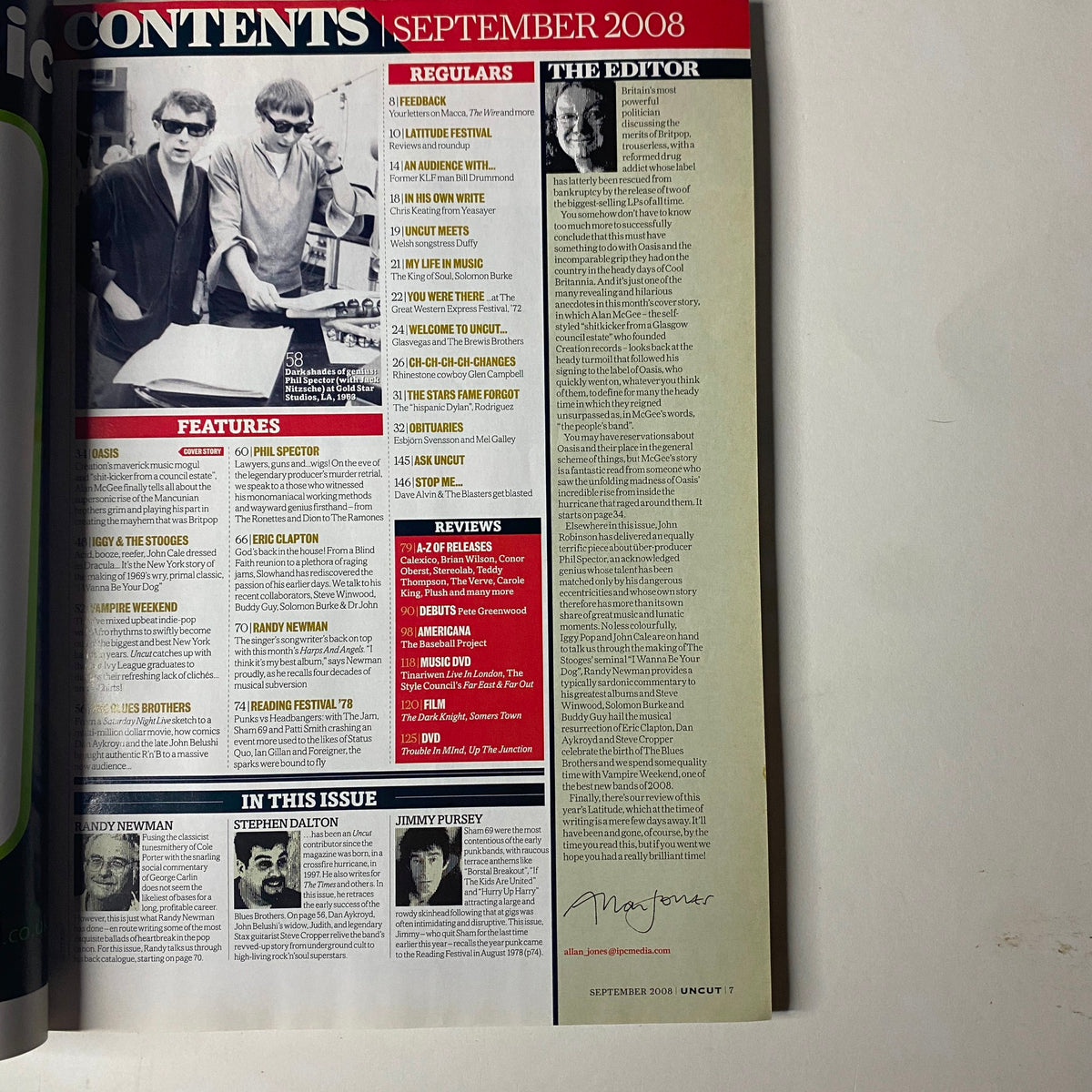 Contents page of Uncut UK Magazine September 2008, listing features on Oasis, Phil Spector, and Randy Newman. Includes regular sections and editor's notes. Essential for fans of the magazine.