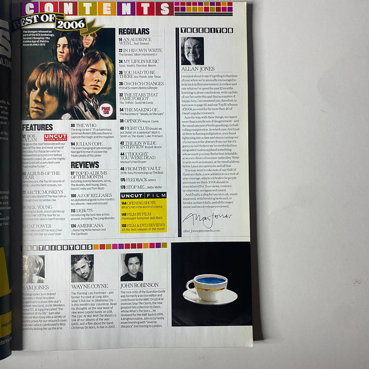 Contents page of Uncut UK Magazine December 2006 showcasing features on The Who, Julian Cope, and others. Highlights the major articles and regular columns of this issue.