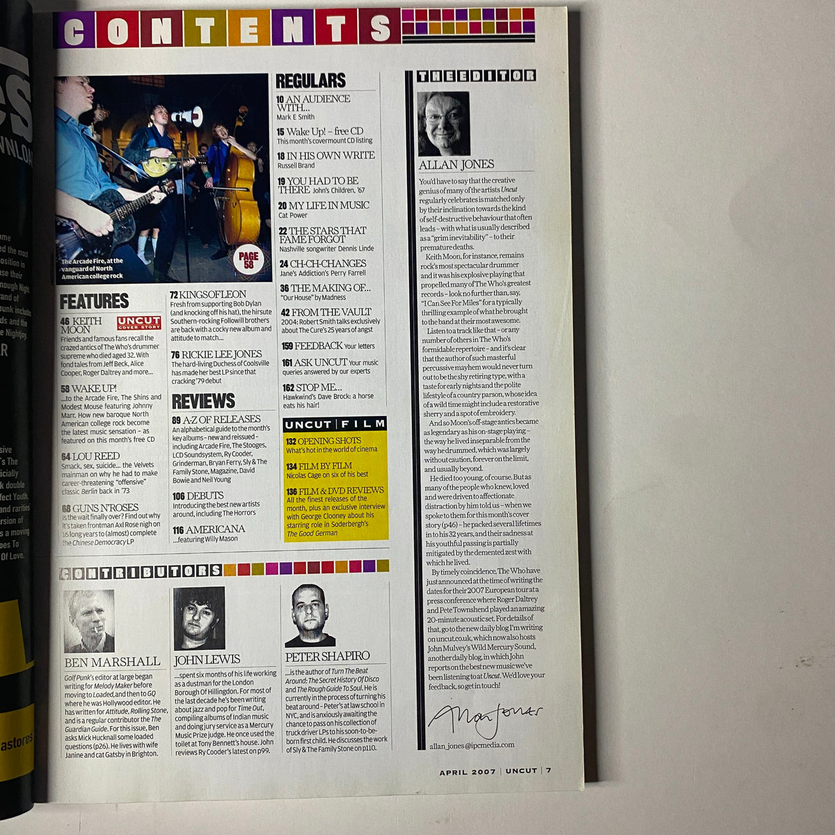 Contents page of Uncut UK Magazine April 2007, outlining features and regular sections covering music reviews, artist interviews, and highlights from the issue.
