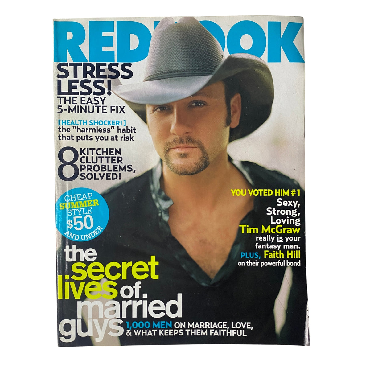 Redbook Magazine cover featuring Tim McGraw in June 2005 issue, highlighting marriage topics and celebrity interviews, with a vibrant summer theme.