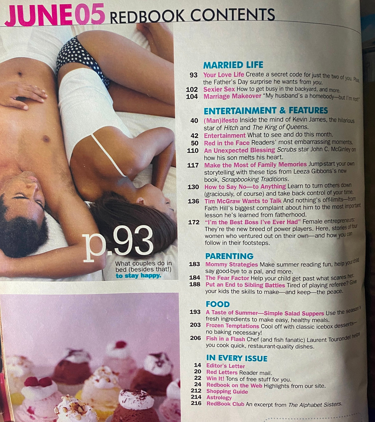 Contents page of Redbook Magazine June 2005, featuring sections on marriage advice, entertainment features, and parenting tips, illustrating the magazine's diverse articles.
