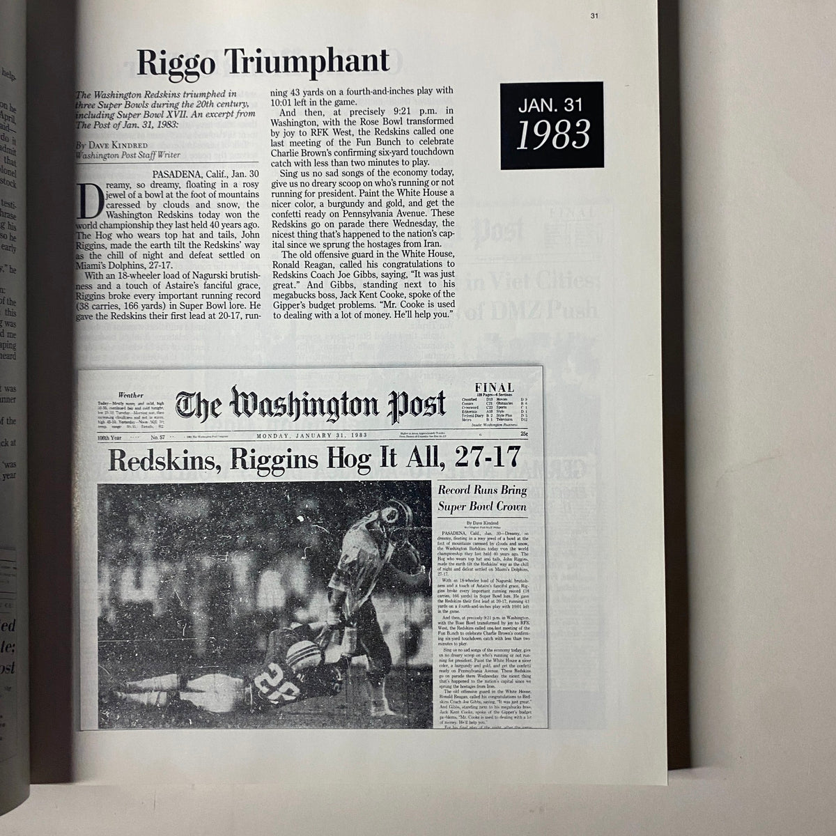 Interior page of The Washington Post Magazine 1999, showcasing the article 'Riggo Triumphant' about the Washington Redskins' Super Bowl victory, dated January 31, 1983.