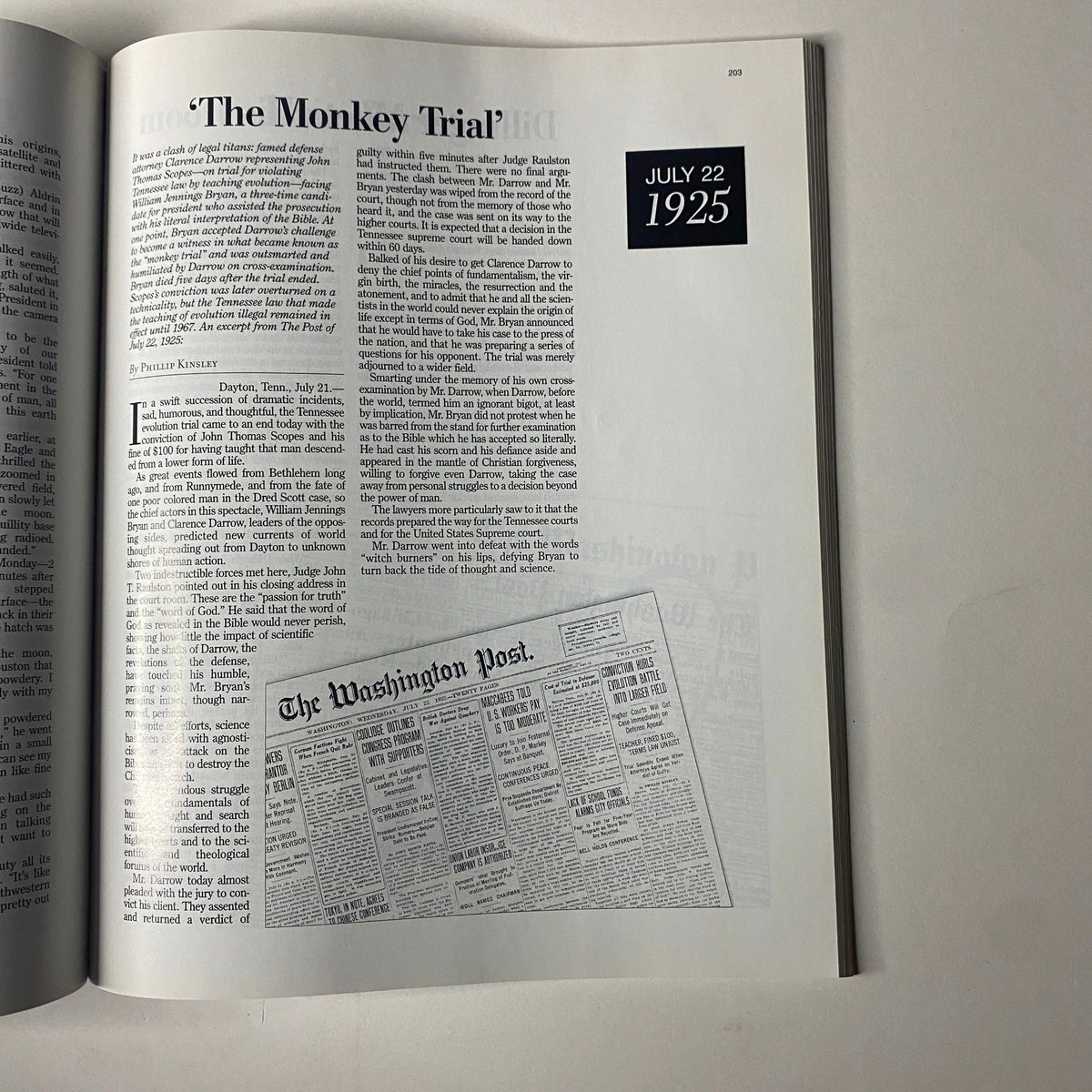 Image from The Washington Post Magazine 1999 titled 'The Century: Capital's Newspaper.' The page highlights an article regarding 'The Monkey Trial' with a dated newspaper section from July 22, 1925.