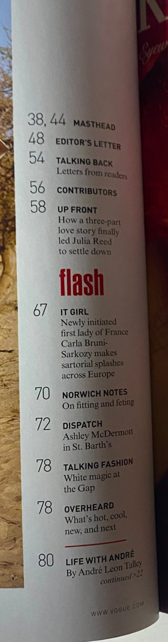 Contents page of Vogue Magazine June 2008, featuring a list of key articles including the Editor's Letter, Contributors, and features like 'It Girl' and 'Norwich Notes'.