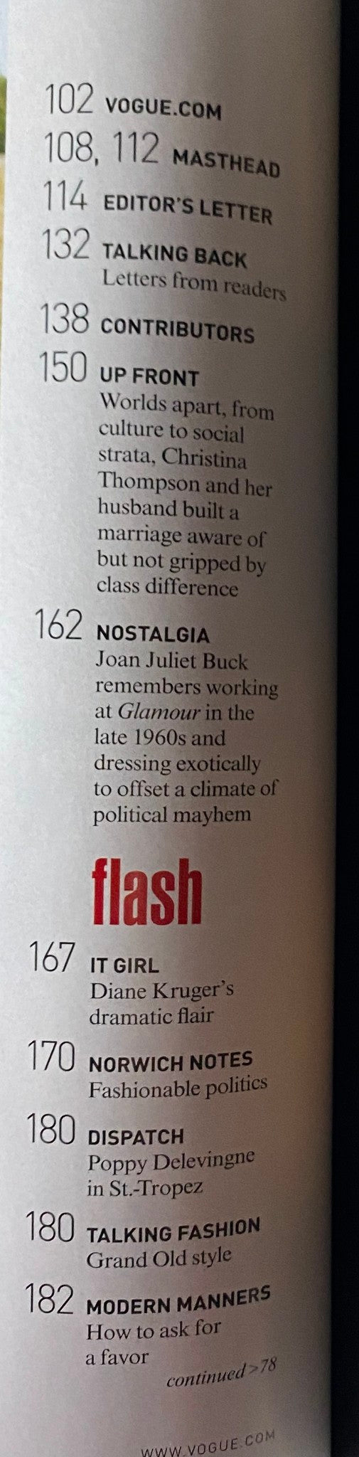 Inside page of Vogue Magazine October 2008 featuring editorial contents including contributors, notable articles, and section headings, providing insight into the magazine's offerings.