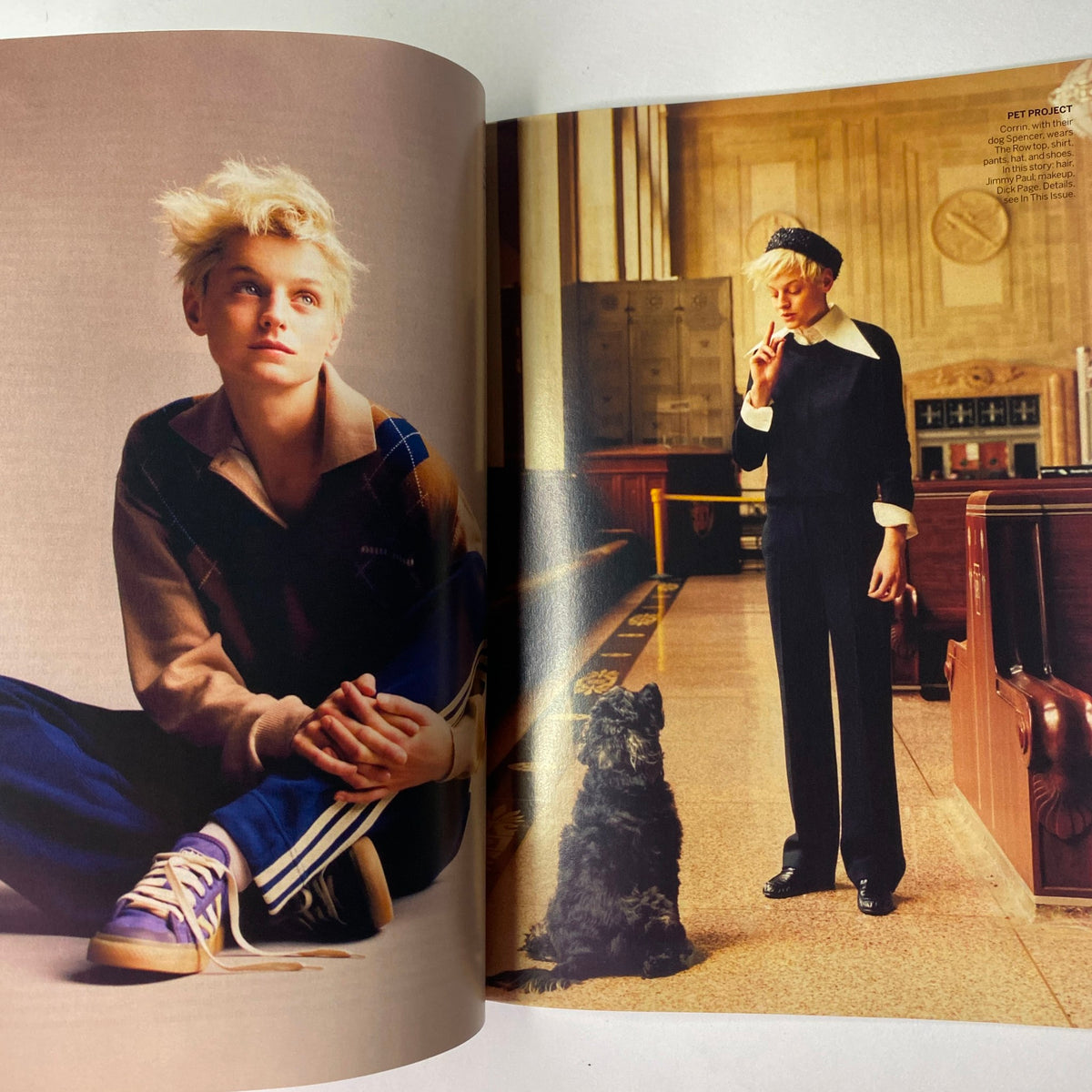 Fashion editorial featuring Emma Corrin in Vogue Magazine August 2022, showcasing contemporary style with a pet dog, emphasizing personality and unique fashion choices.