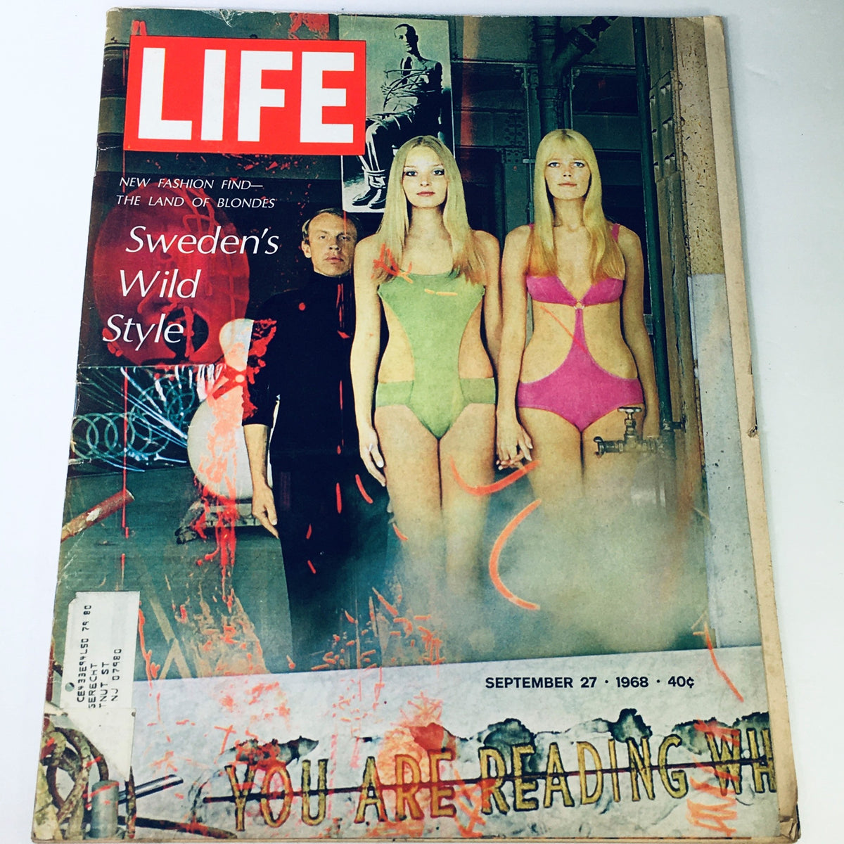 Cover of the Life Magazine from September 27, 1968, titled 'The Land of Blondes: Sweden's Wild Style.' The image features two female models in colorful swimsuits alongside a male figure, showcasing 1960s fashion trends.