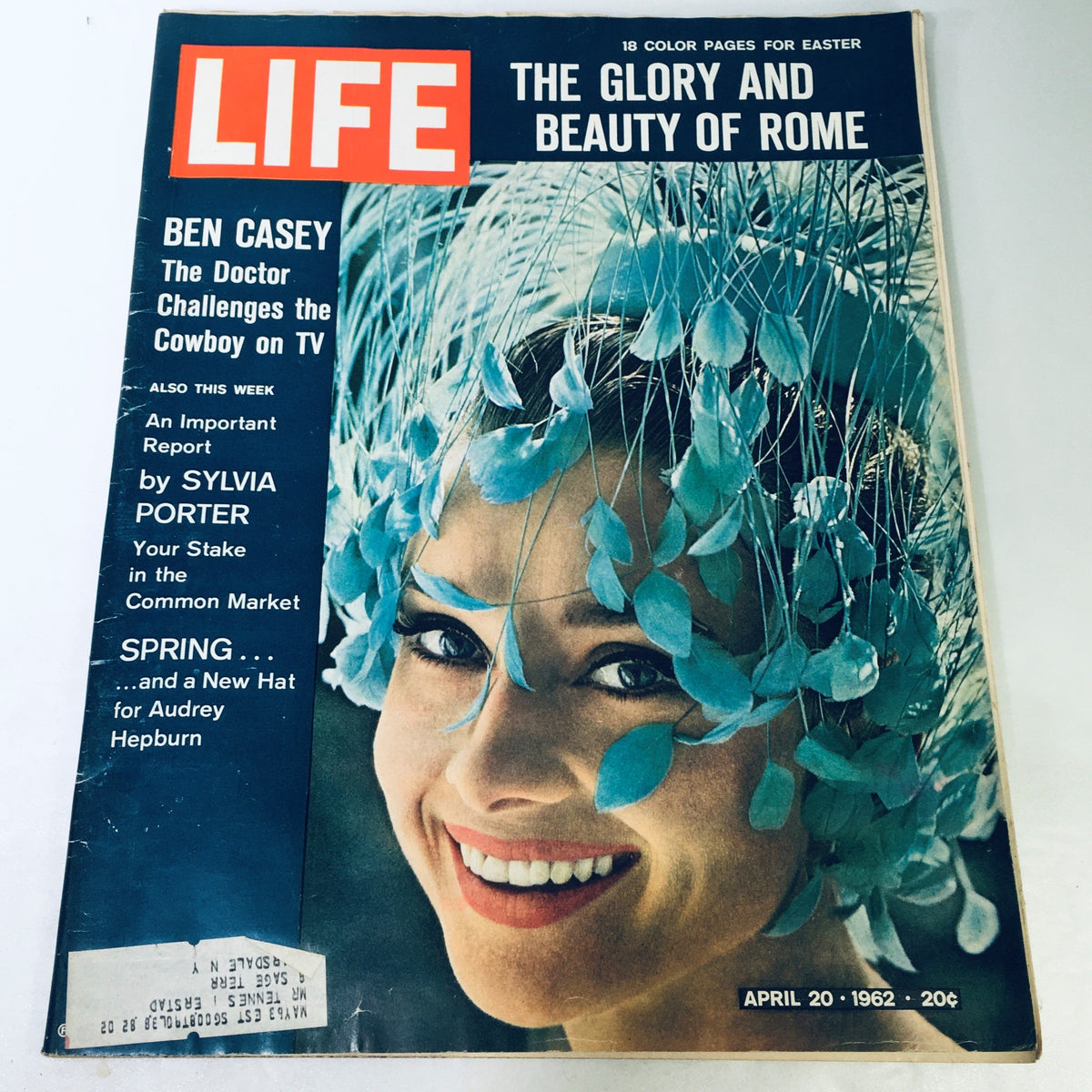 Vintage Life Magazine cover from April 20, 1962, featuring Ben Casey and themed 'The Glory and Beauty of Rome'. The cover highlights a smiling woman adorned with blue flower petals, illustrating the fashion of the early 1960s.