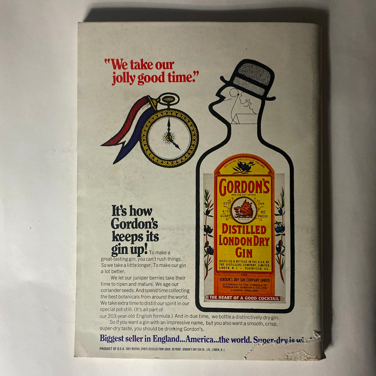 Back cover of VTG Playboy Magazine May 1972 featuring an advertisement for Gordon's Distilled London Dry Gin, reflecting the era's vintage advertising style.