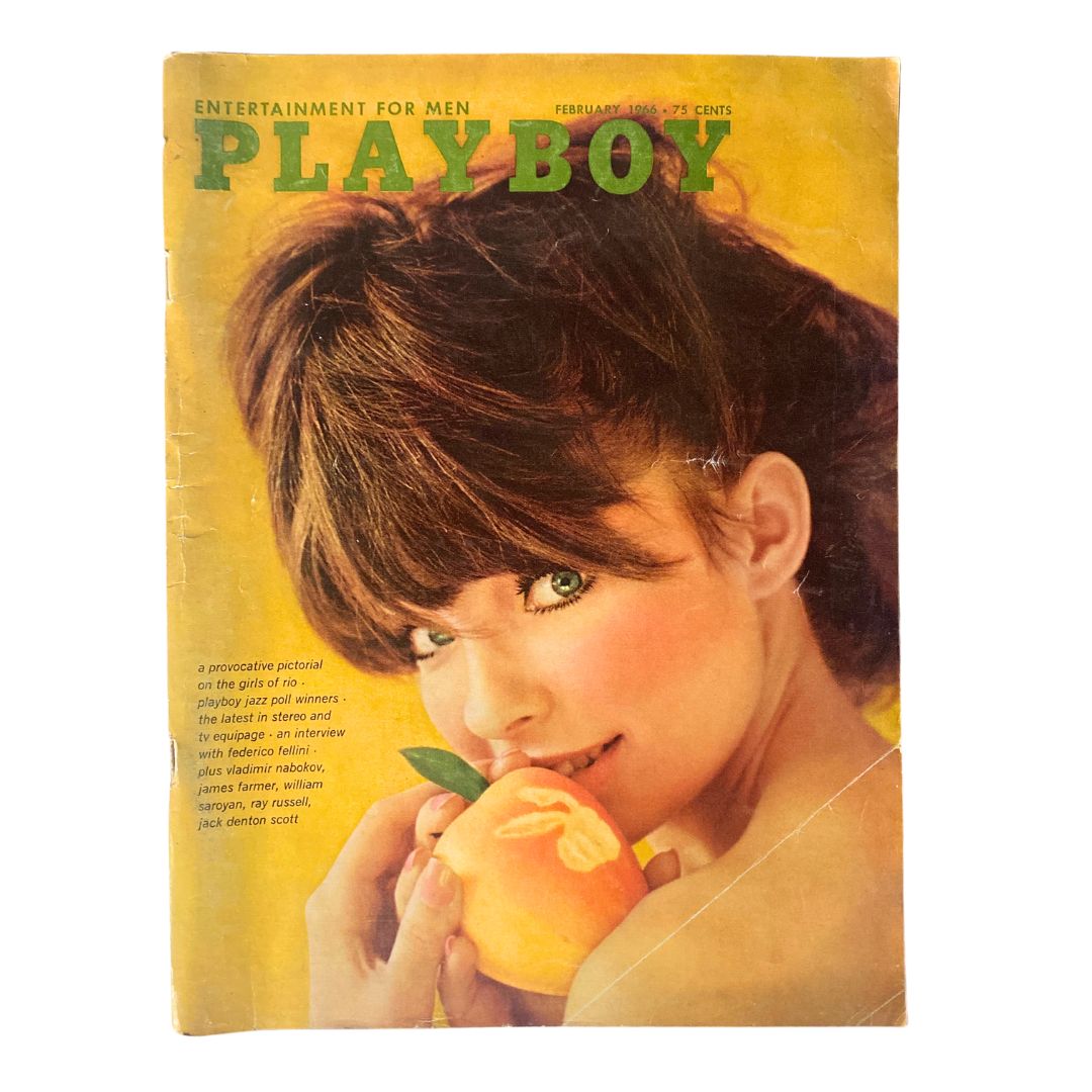 VTG Playboy Magazine February 1966 cover featuring Melinda Windsor, showcasing a woman with long hair holding an orange, capturing the essence of the 1960s era.