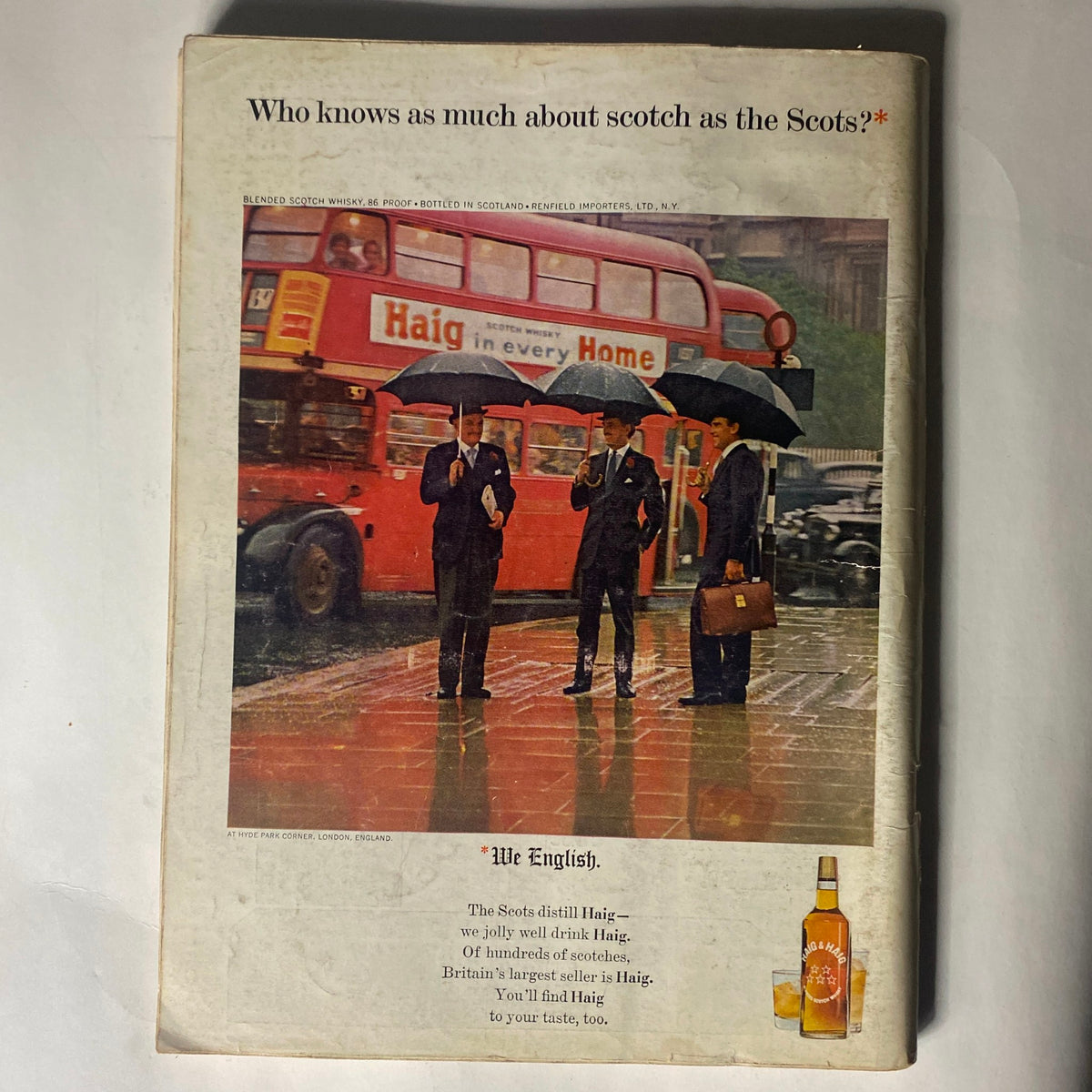 Back cover of VTG Playboy Magazine September 1965 featuring an advertisement for Haig Scotch whisky, illustrating the magazine's blend of lifestyle and entertainment.