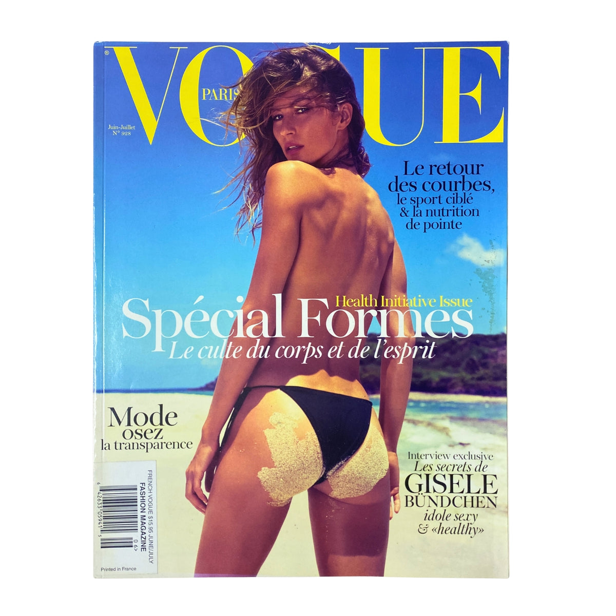 Cover of Vogue Paris Magazine June - July 2012 No. 928 featuring Gisele Bündchen in a striking swimsuit pose against a beach backdrop, highlighting beauty and fashion in a special issue.