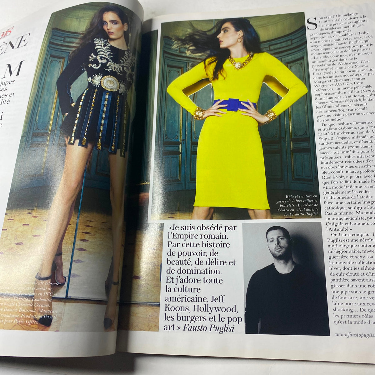 Fashion editorial from Vogue Paris Magazine June - July 2012 No. 928 presenting vibrant high-fashion looks, including a designer quote by Fausto Puglisi, symbolizing modern elegance and style.