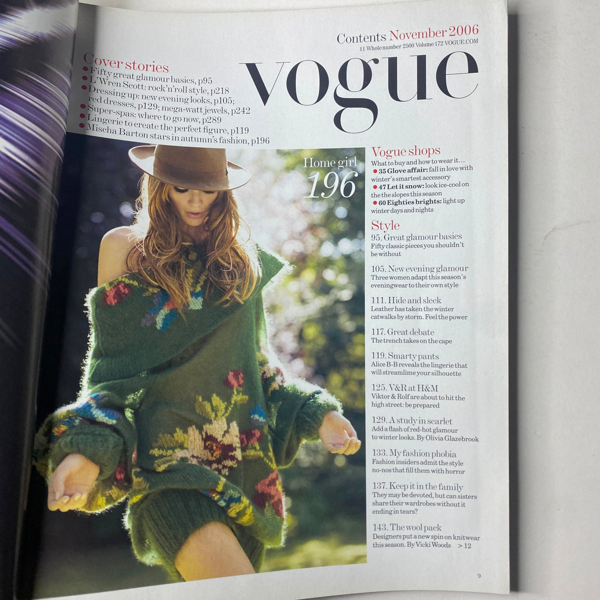 Contents page of Vogue British Magazine November 2006, detailing articles on fashion including Mischa Barton, and highlights of the issue's features.