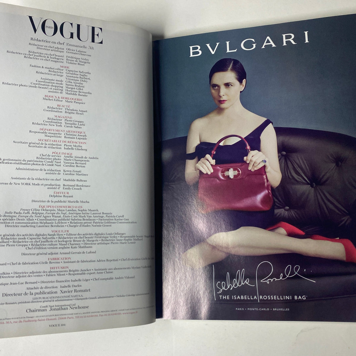 Vogue Paris Magazine September 2012 includes an advertisement for BVLGARI showcasing the Isabella Rossellini Bag with model Isabella Rossellini. This magazine features Kate Moss on the cover.