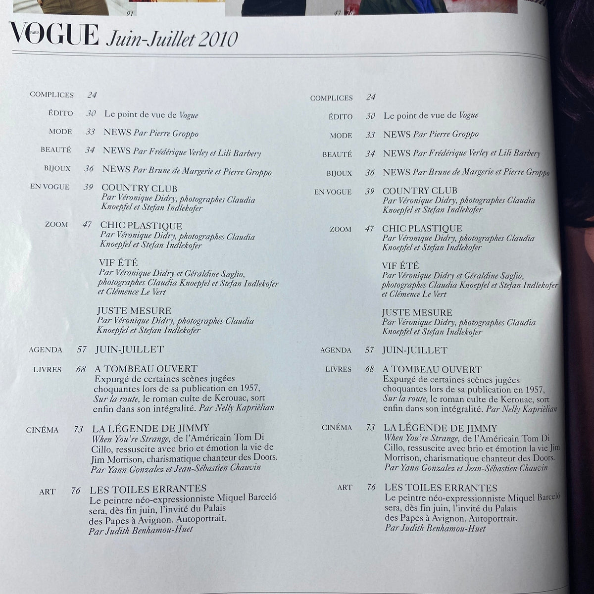 Contents page of Vogue Paris Magazine June - July 2010 No. 908, listing articles including summer fashion stories and features, providing a glimpse of the editorial highlights.