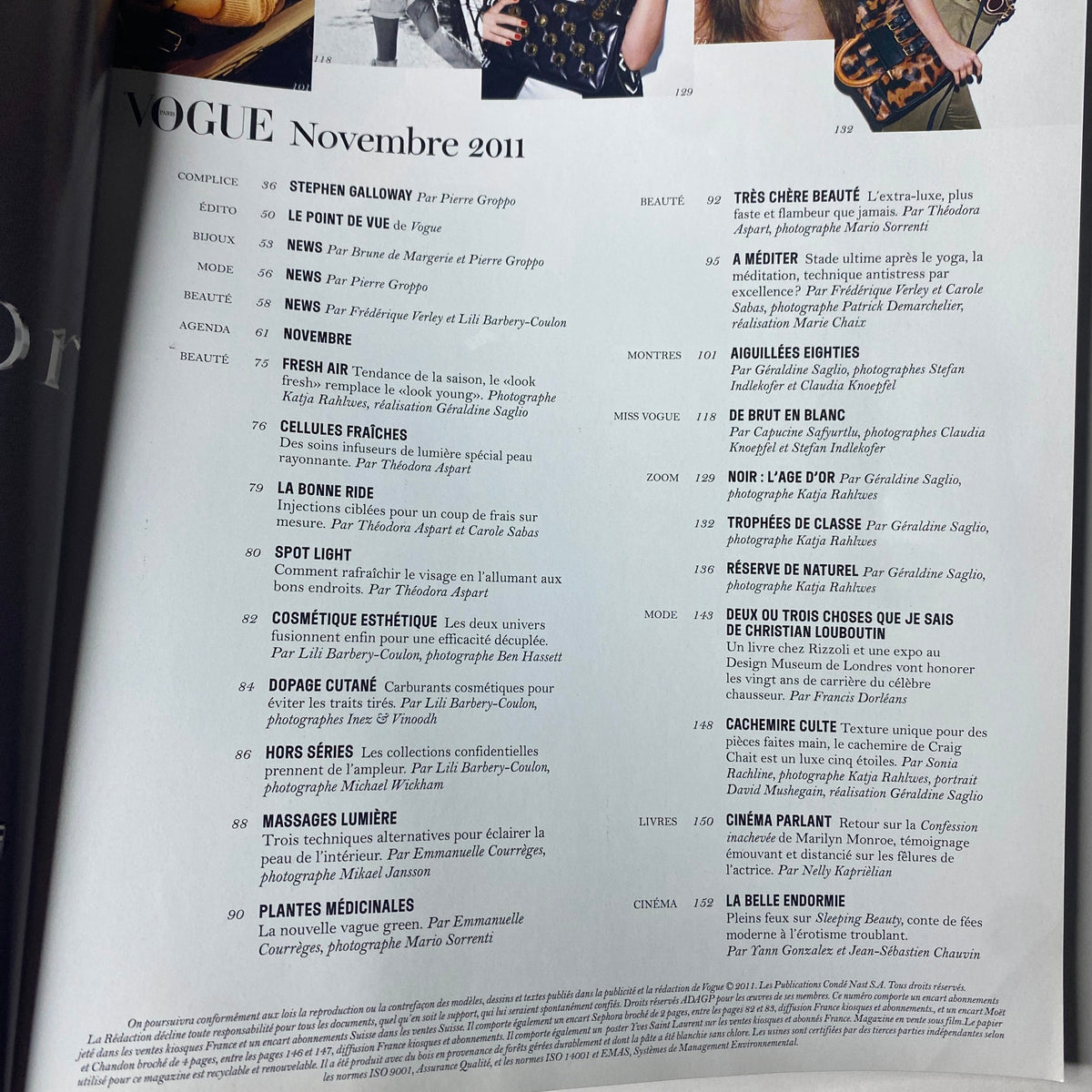 Table of contents from Vogue Paris Magazine November 2011 No. 922, featuring articles and page numbers for fashion and beauty highlights.