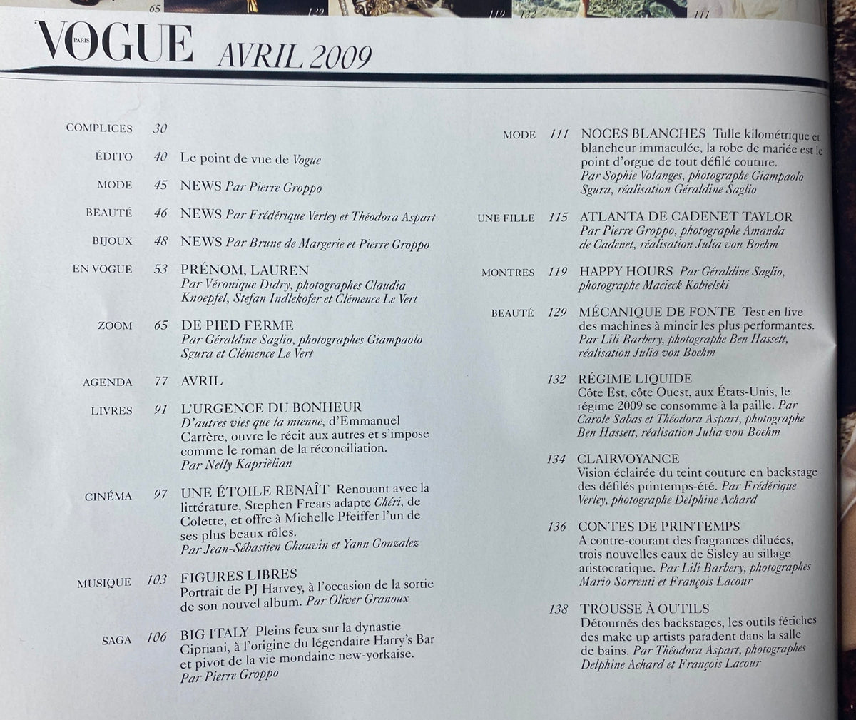 Vogue Paris Magazine April 2009 cover showing contents including features such as 'Noces Blanches', 'Prénom, Lauren', and 'Figures Libres'. Highlights the magazine's focus on fashion and culture.