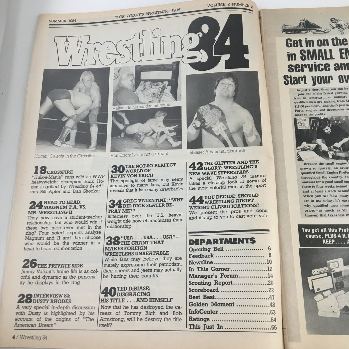 Interior page of Wrestling Magazine Summer 1984, displaying articles on Hulk Hogan, Kevin Von Erich, and Ted DiBiase, along with a table of contents.