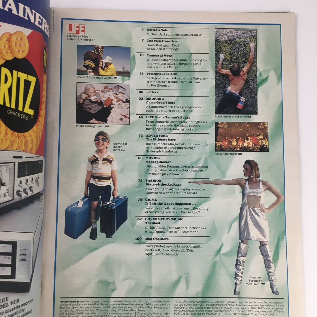 Table of contents page of Life Magazine, September 1984 featuring Michael Jackson. Includes highlights such as articles on medicine, adventure, and fashion, illustrating the diverse topics covered in the issue about the King of Pop during his peak.