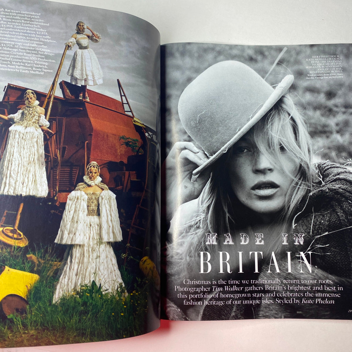 Vogue British Magazine December 2013 showcasing a striking modeling feature by Tim Walker, highlighting fashion influenced by British heritage with stunning couture dresses against a rural backdrop.