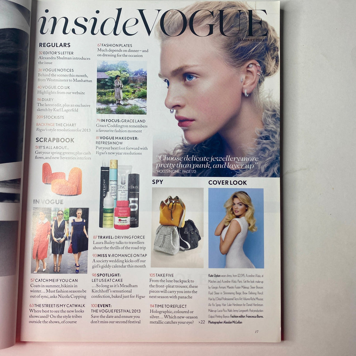 Inside spread of Vogue British Magazine January 2013 showcasing various articles, including Kate Upton's feature on the cover, focusing on fashion and beauty trends.