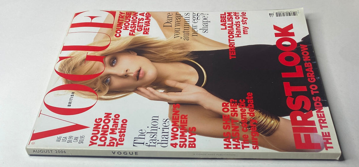 Vogue British Magazine August 2006, Jessica Stam on the cover, showcasing beauty and fashion insights in a stylish layout.
