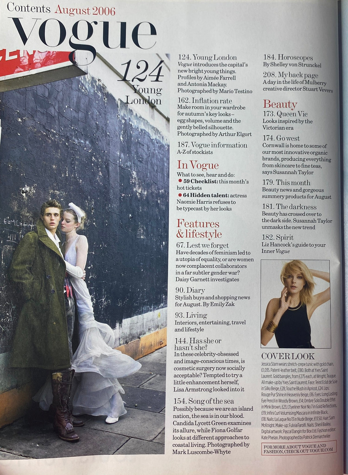 Contents page of Vogue British Magazine August 2006, detailing articles on fashion, features, and lifestyle topics.