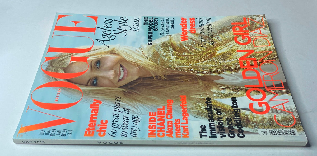 Cover of Vogue British Magazine July 2010 featuring Cameron Diaz with the headline 'Golden Girl' showcasing ageless style and summer fashion.