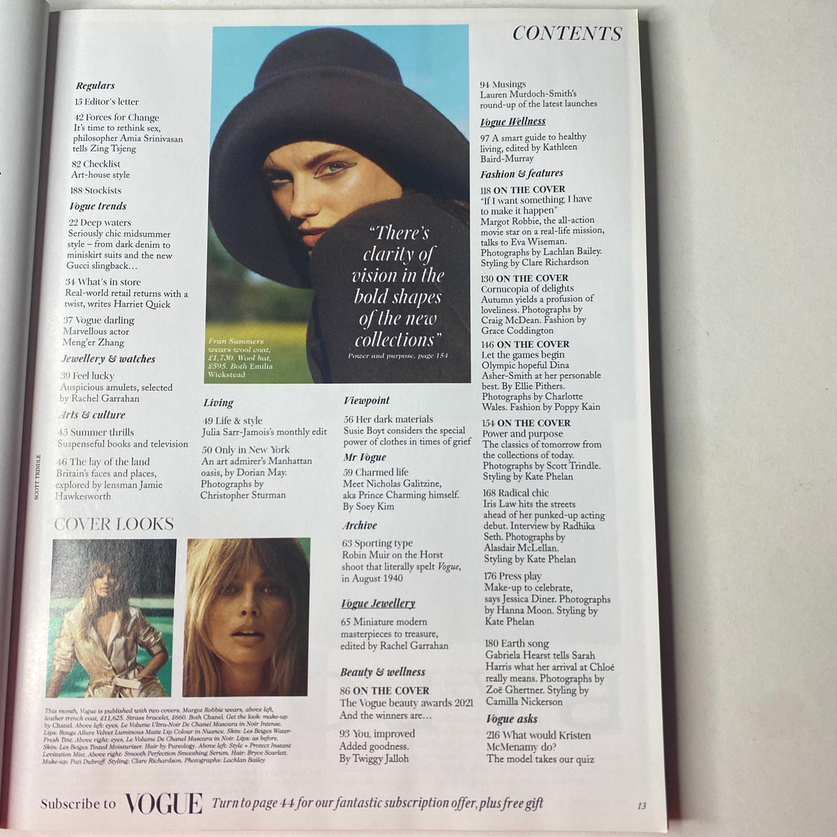 Contents page from Vogue British Magazine August 2021 featuring highlights and sections including 'Editor's Letter' and 'Cover Looks'. Title: Vogue British Magazine August 2021 Margot Robbie Cover No Label VG.