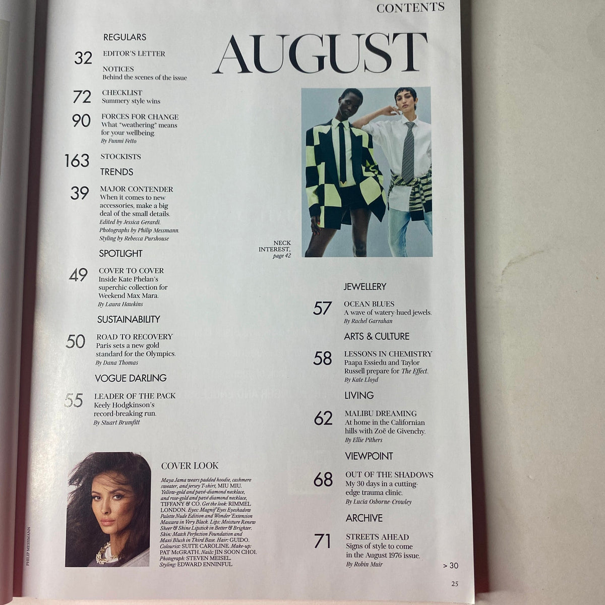 Contents page of Vogue British Magazine August 2023, highlighting various sections including fashion trends, beauty, wellness, and culture, with images of diverse models.