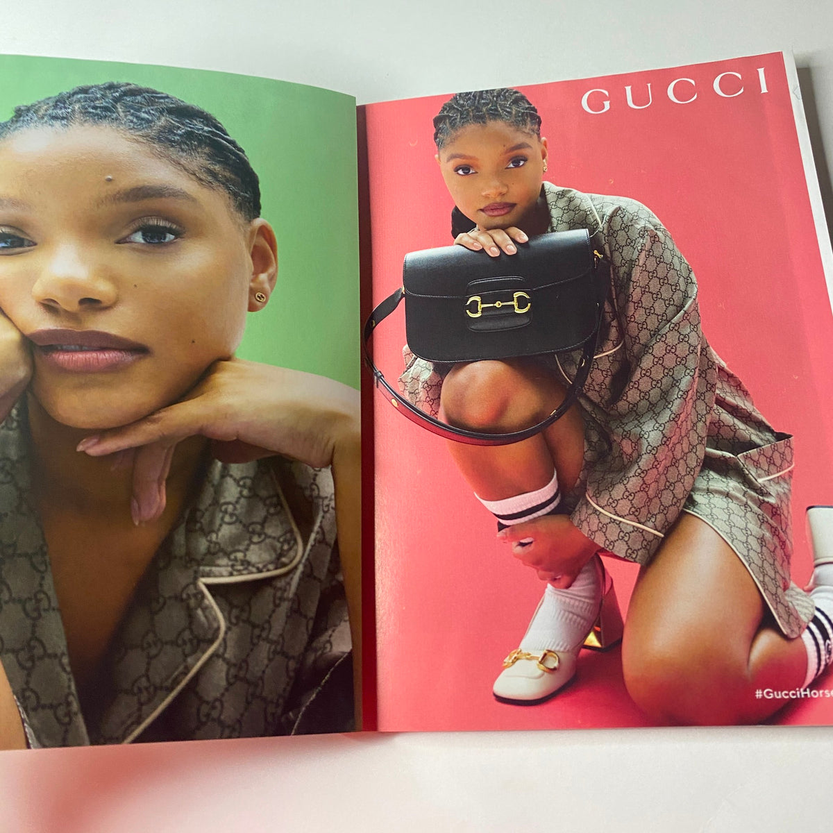 Gucci advertisement featuring a model in a stylish green background, dressed in Gucci apparel and accessories, from Vogue British Magazine August 2023.
