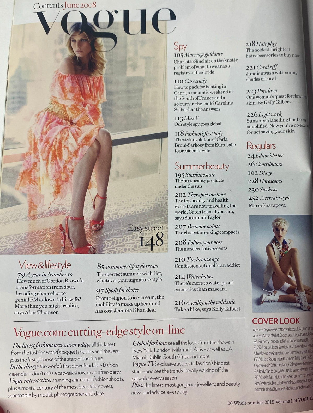 Contents page of the June 2008 issue of Vogue British Magazine, showcasing articles on fashion, beauty, and lifestyle highlights from the issue.