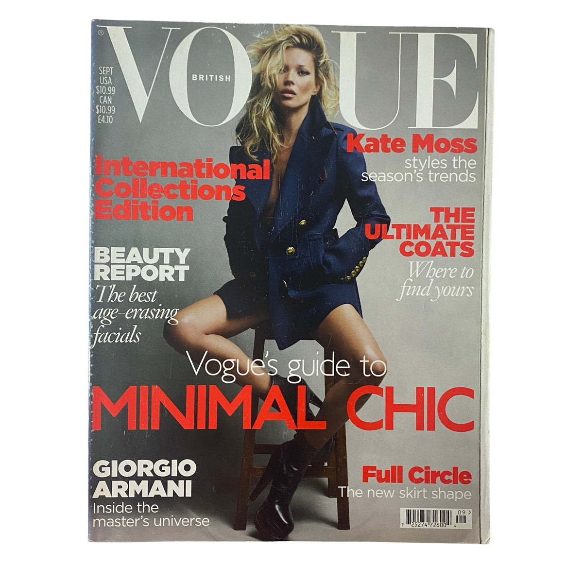 Vogue British Magazine September 2010 featuring Kate Moss on the cover, styled in a chic Dior Homme blazer, highlighting seasonal fashion trends and ultimate coats.
