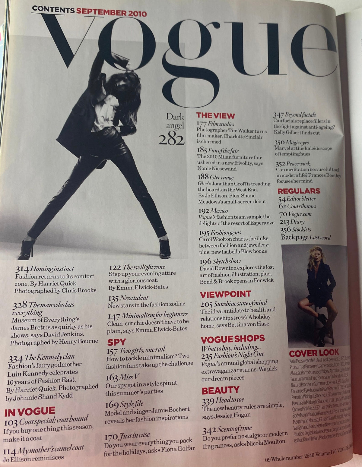 Contents page of Vogue British Magazine September 2010 showcasing editorial highlights including 'Dark Angel' featuring Kate Moss. Highlights key fashion stories and contributors.