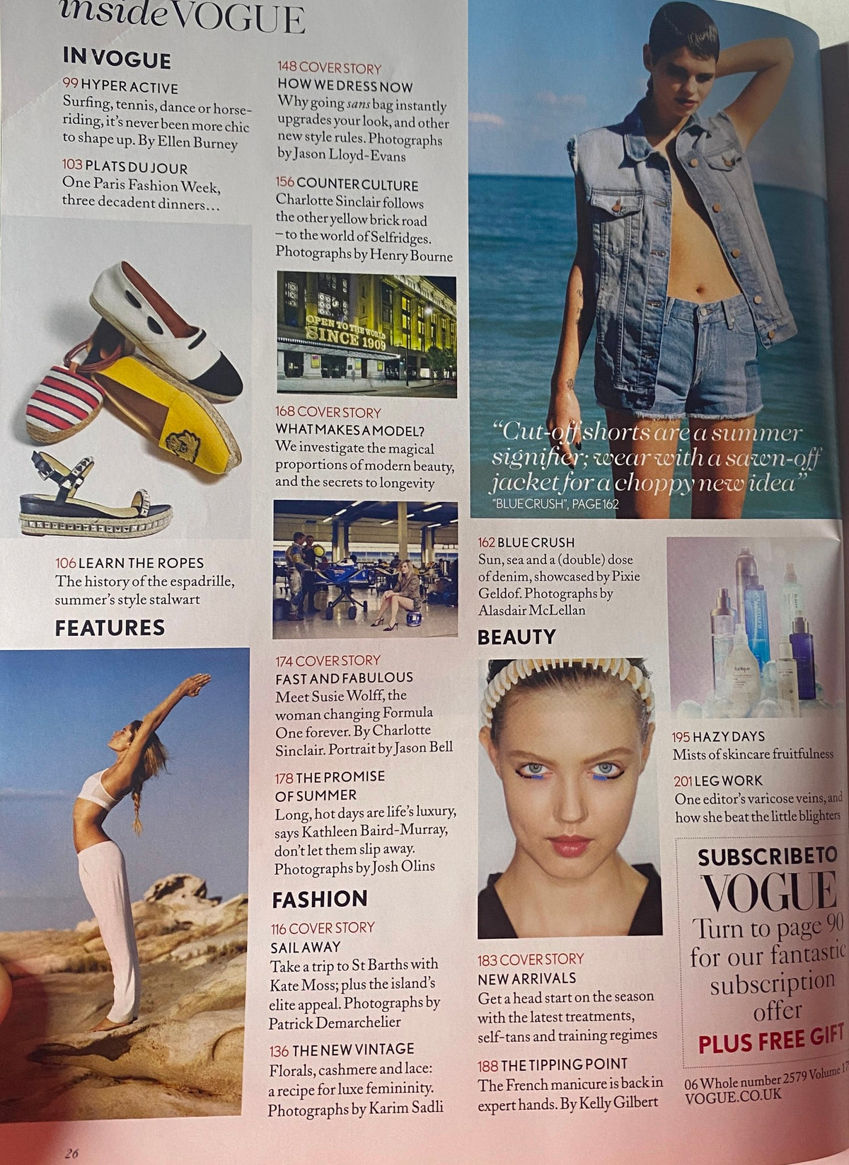 Inside page of Vogue British Magazine June 2013 featuring a content list with fashion highlights, including summer trends and beauty tips, along with a summer-focused editorial layout.