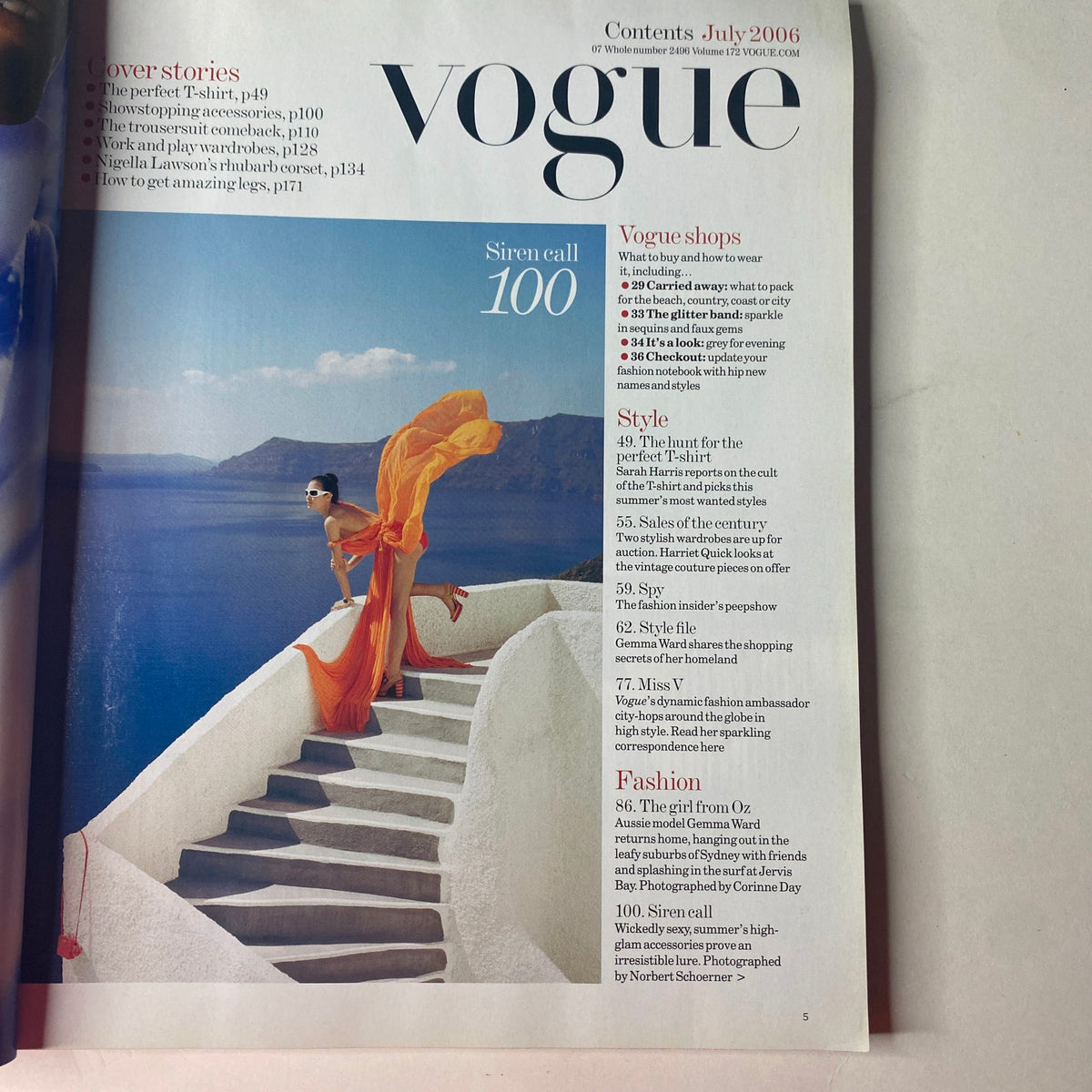 Contents page of Vogue British Magazine July 2006 outlining featured articles such as 'Siren Call' and 'Vogue Shops', highlighting seasonal fashion trends.