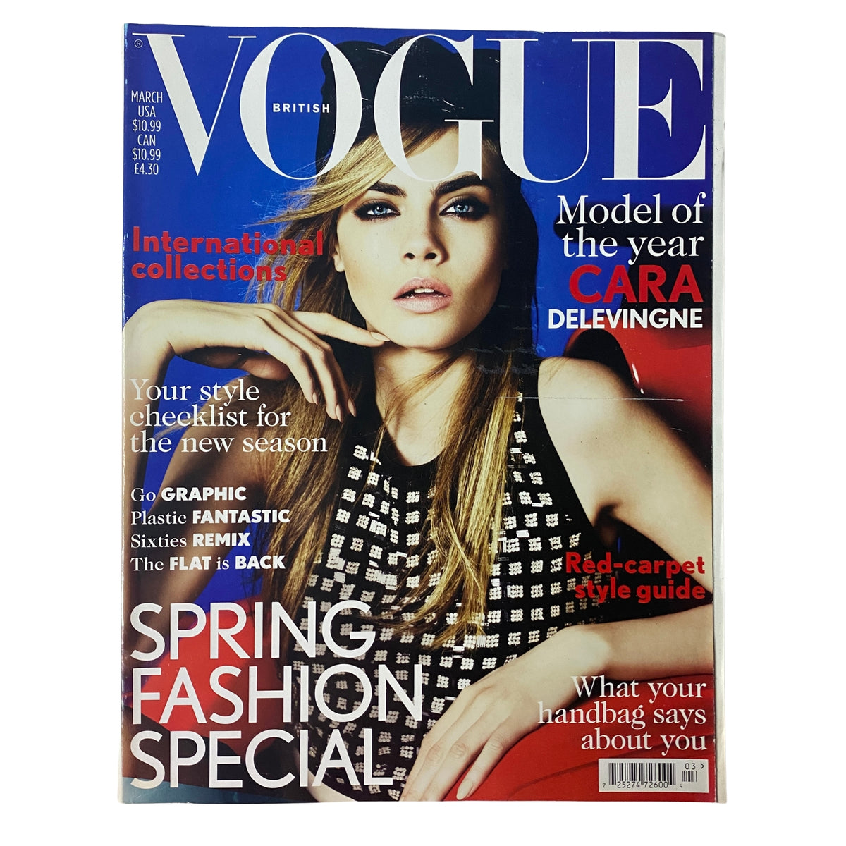 Vogue British Magazine March 2013 featuring Cara Delevingne on the cover. This issue highlights spring fashion trends, includes a model of the year feature, and is perfect for fashion enthusiasts and collectors.