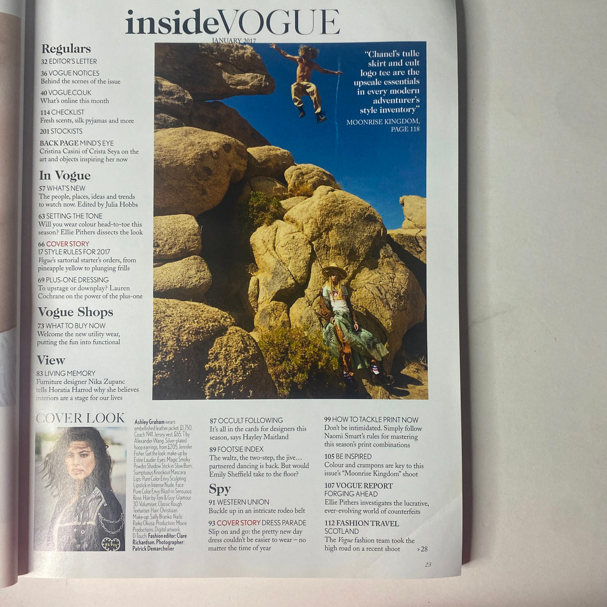 Inside preview of Vogue British Magazine January 2017, featuring a glimpse of an article with Ashley Graham, discussing fashion trends and cultural topics.