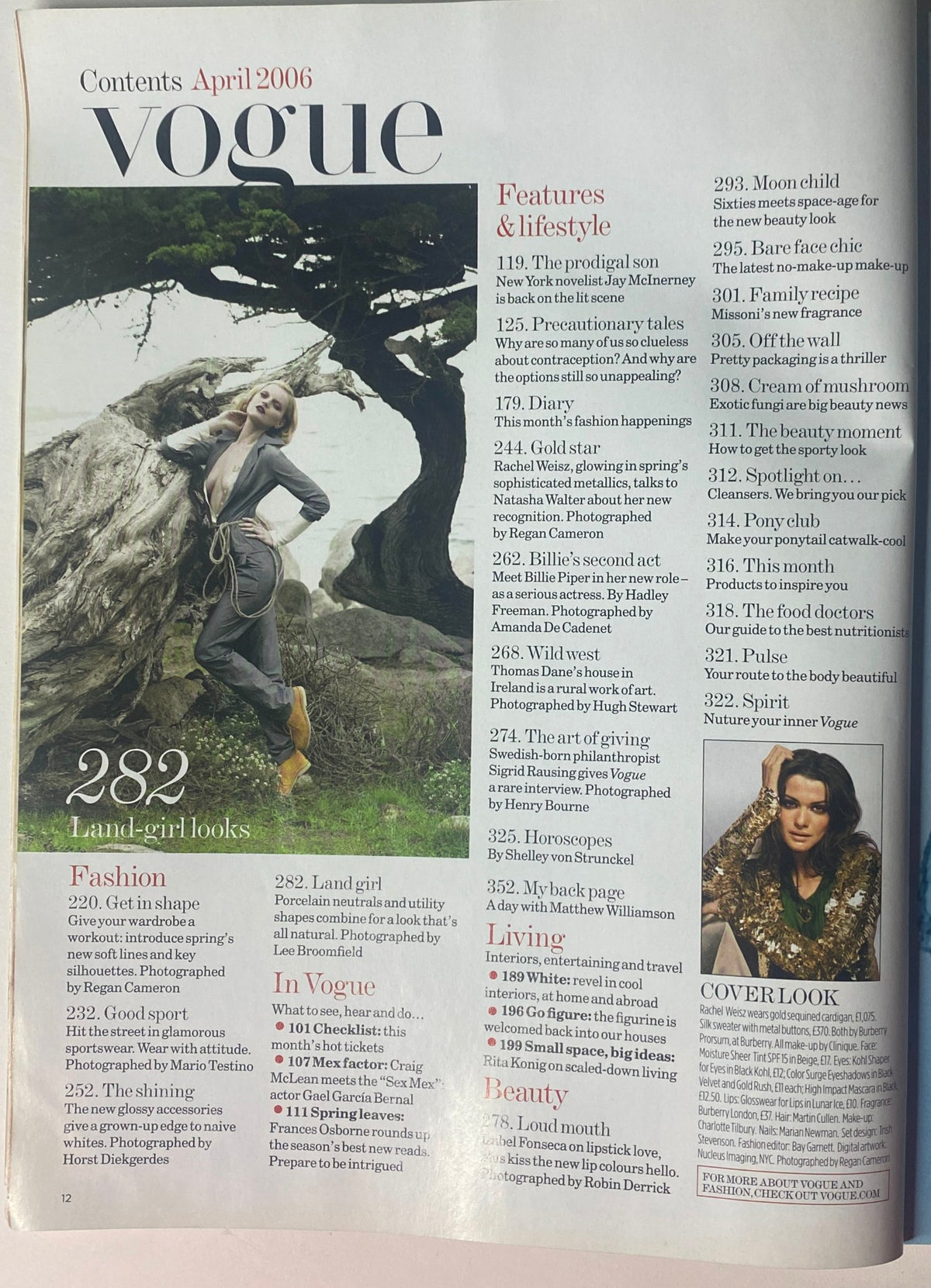 Contents page of Vogue British Magazine April 2006, featuring articles on fashion, beauty, and lifestyle, including a focus on 'Land Girl' looks and a cover feature on Rachel Weisz.