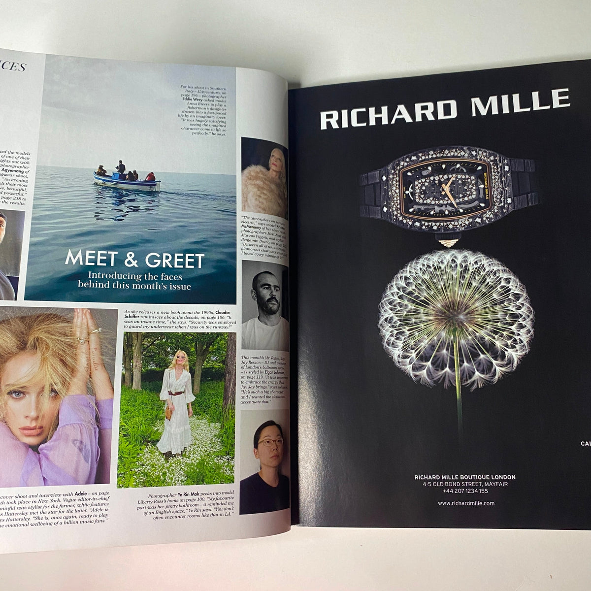Vogue British Magazine November 2021 Adele Cover - Introduction to the issue featuring a collage of personalities, including Adele, with an elegant Richard Mille advertisement.