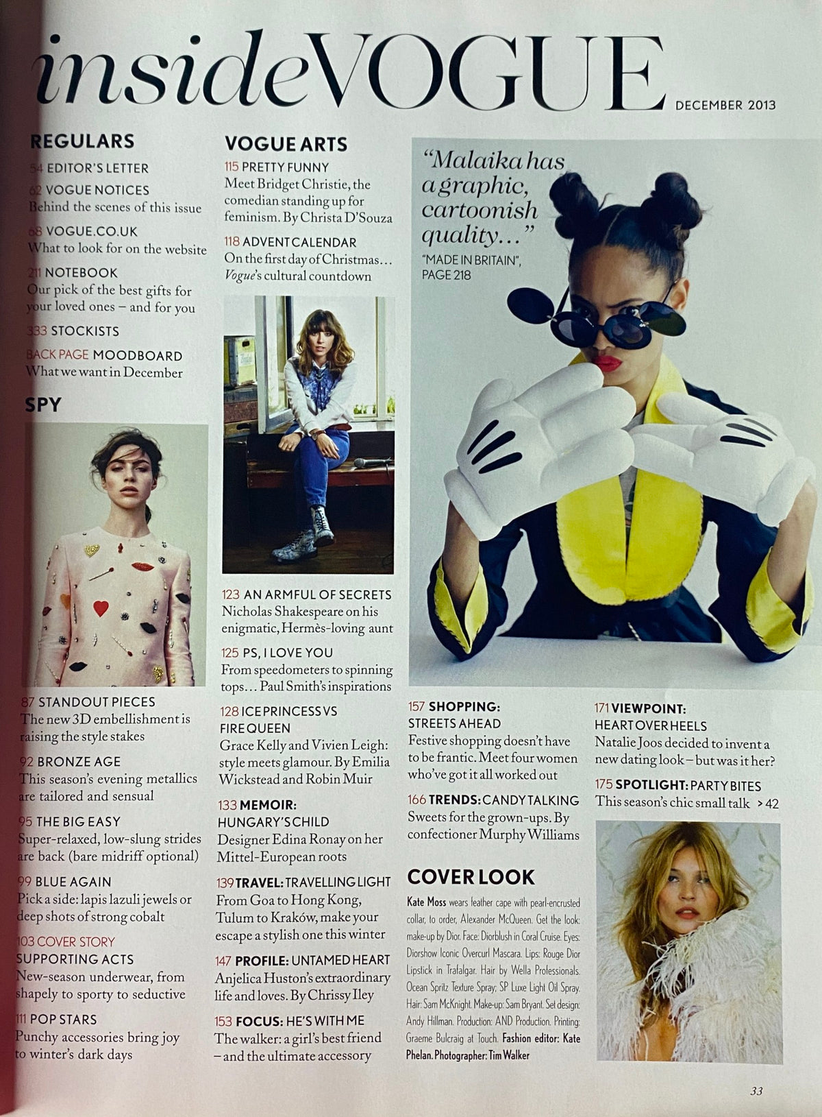 Inside layout from Vogue British Magazine December 2013, highlighting articles and features including 'Pretty Funny' and 'An Armful of Secrets'. The issue emphasizes fashion and lifestyle inspirations.