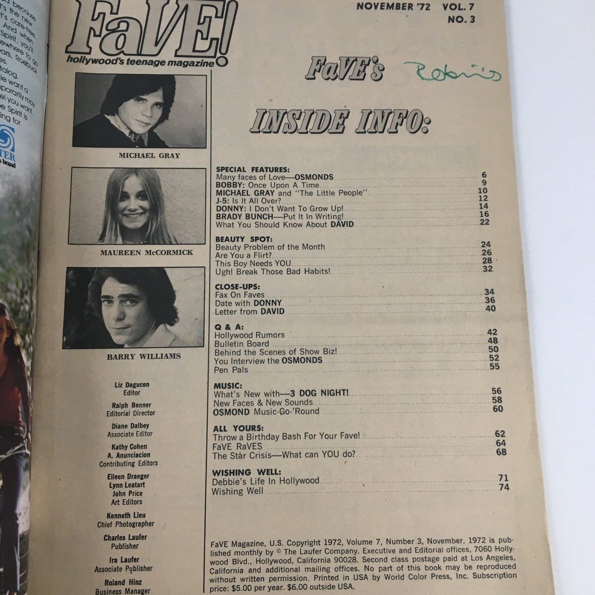 Inside page of 'Tiger Beats Fave Magazine November 1972' displaying contents and special features including Michael Gray and Maureen McCormick.