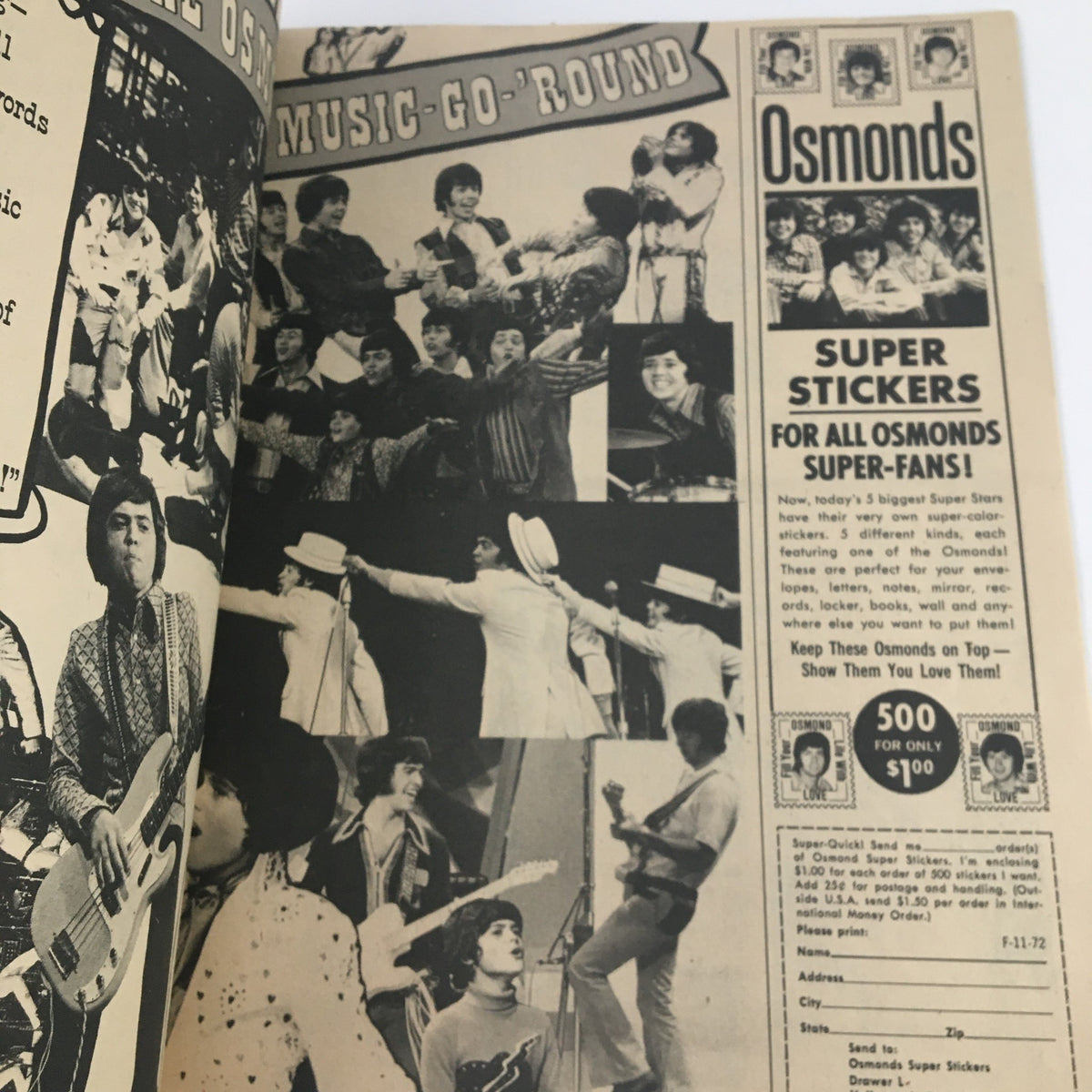 Page from 'Tiger Beats Fave Magazine November 1972' illustrating a black and white photo spread of The Osmonds, promoting fan stickers.